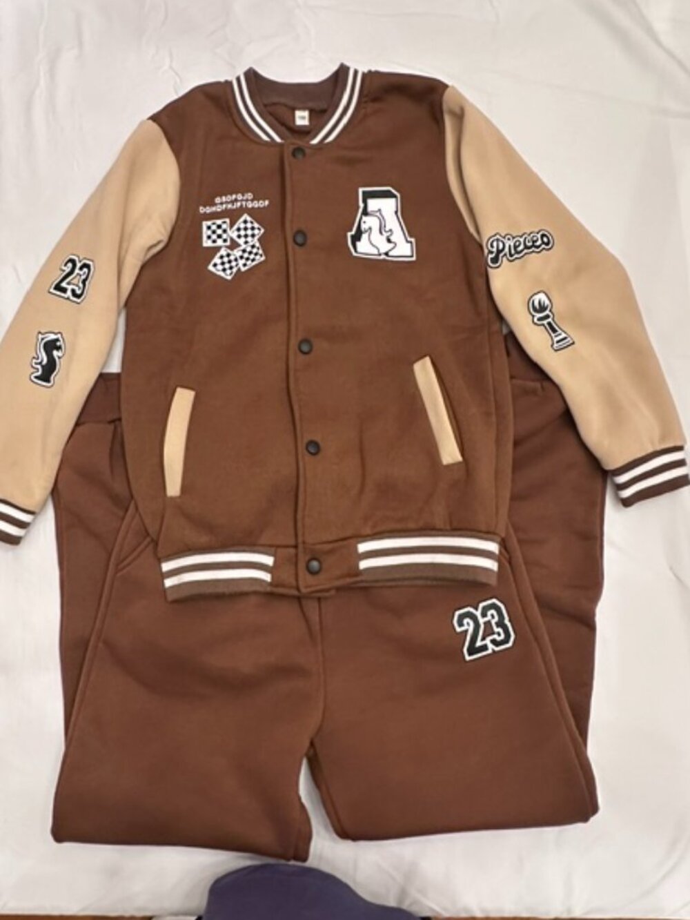 Boys Brown Varsity Jacket & Pants 2 Piece Set Size 150 Letterman Style